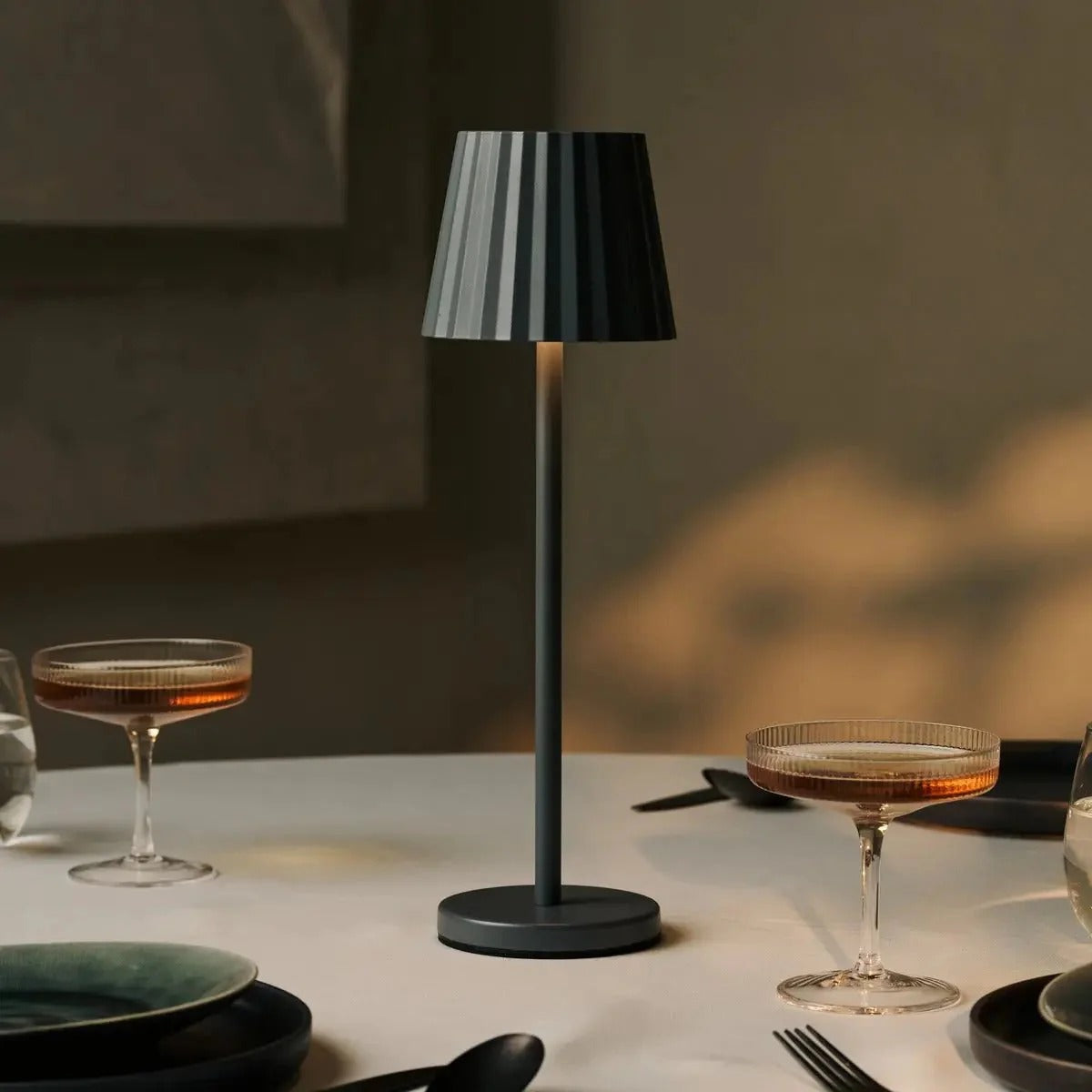 Ribbed Table Lamp With Dimmable LED And Wireless Charging Capability