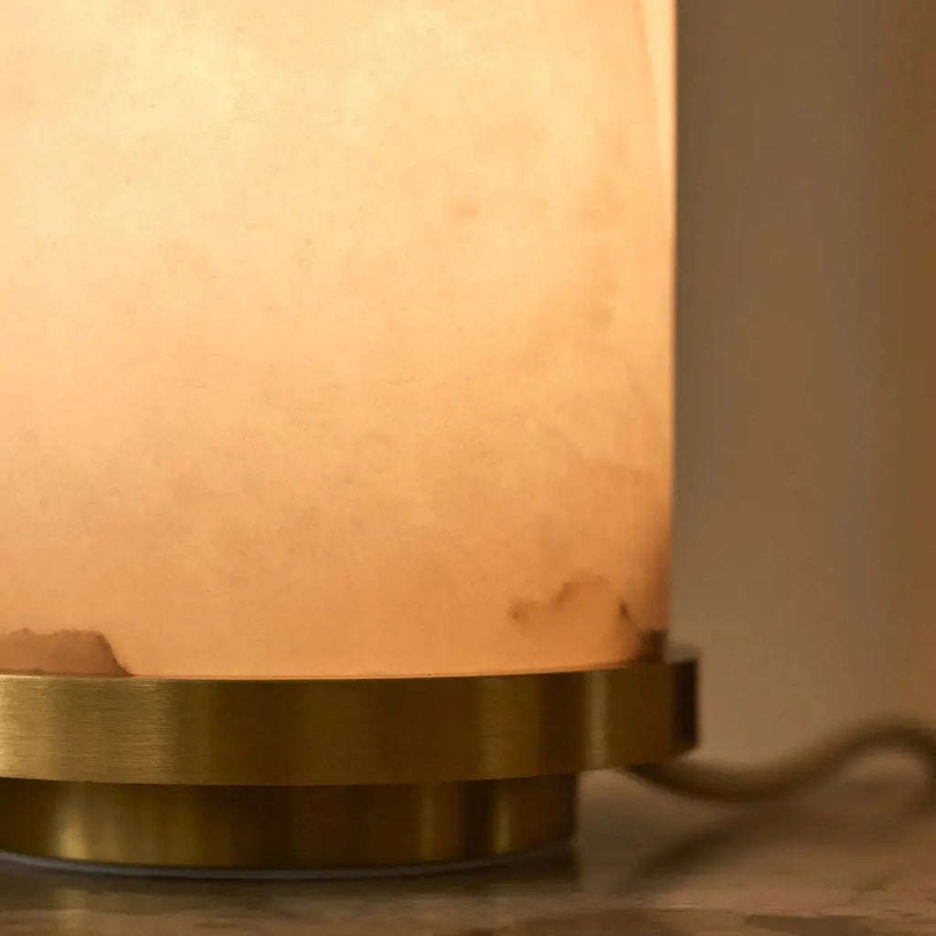 Stylish Alabaster Lamp With Golden Accents & Unique Oval Design