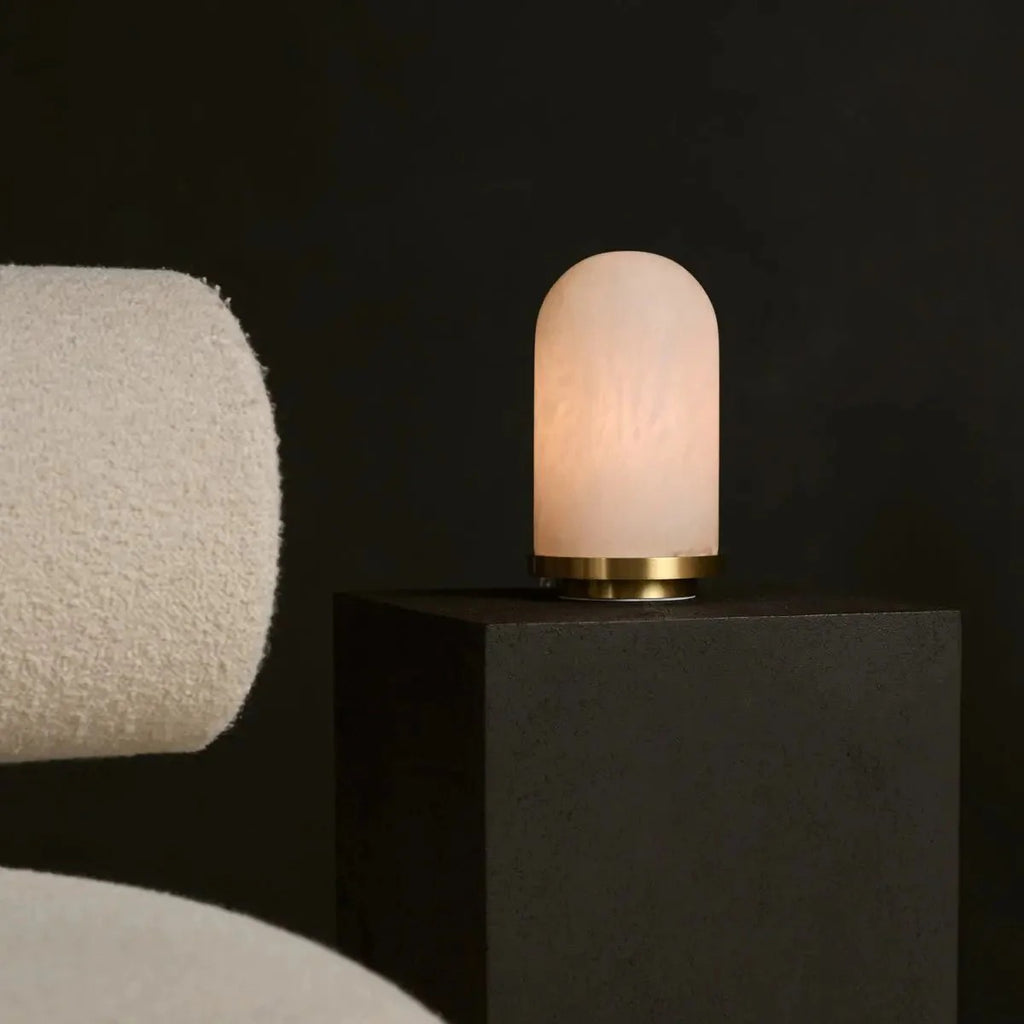Stylish Alabaster Lamp With Golden Accents & Unique Oval Design
