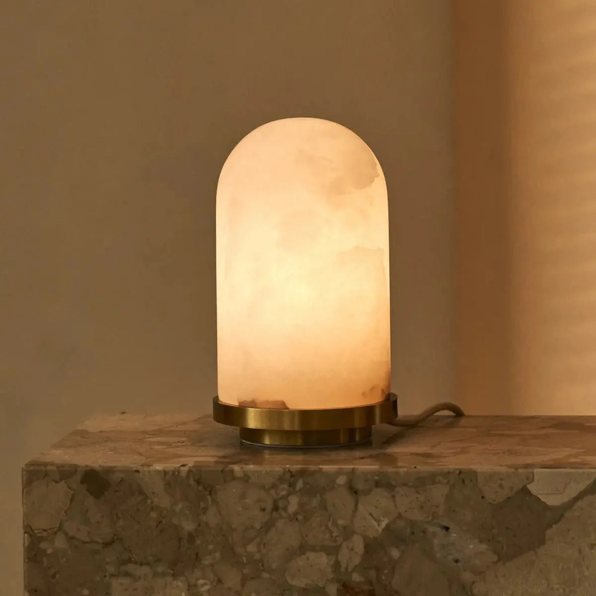 Stylish Alabaster Lamp With Golden Accents & Unique Oval Design