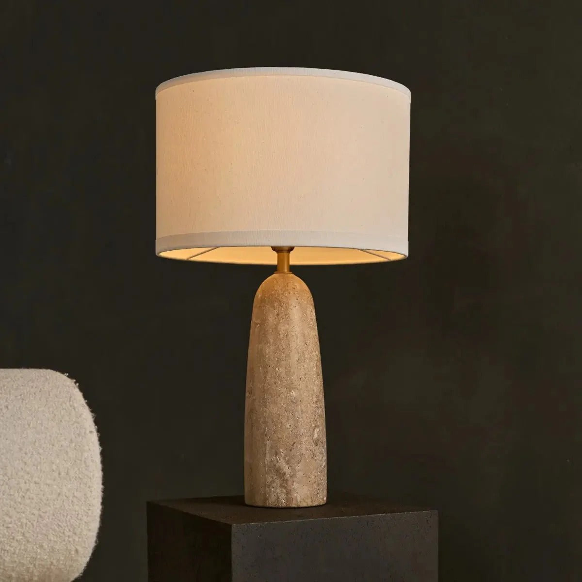 Travertine Lamp With Classic Design And Fabric Shade