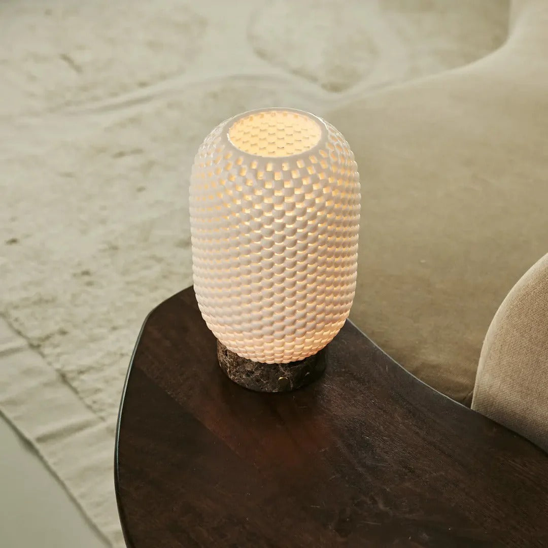 Travertine Table Lamp With 3D Printed Porcelain And Dimmable LED