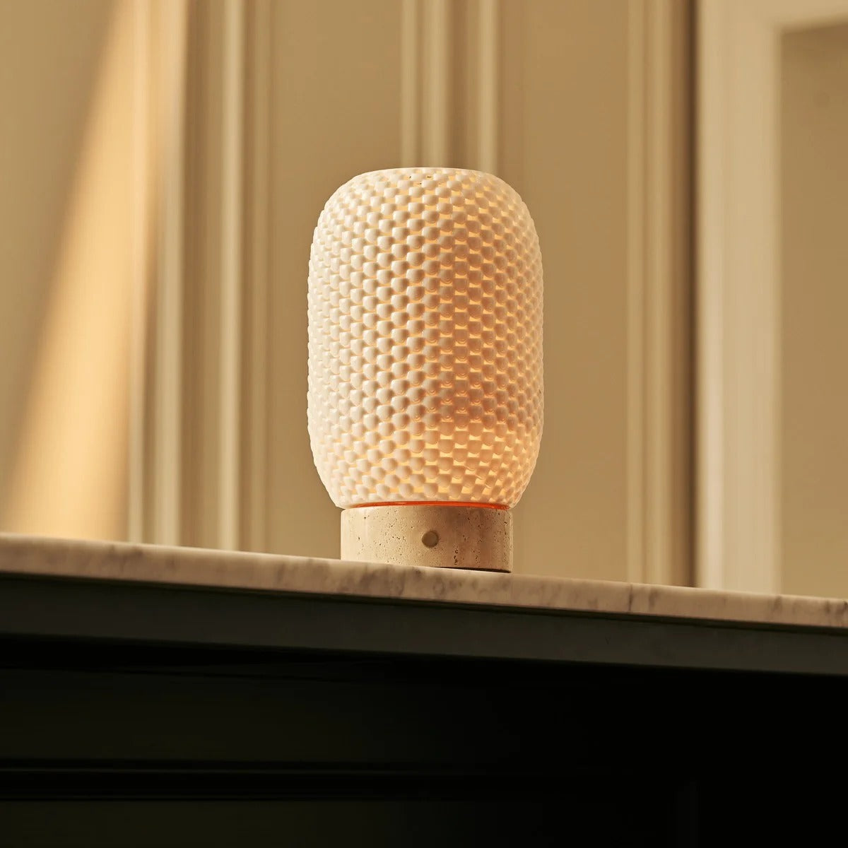 Travertine Table Lamp With 3D Printed Porcelain And Dimmable LED