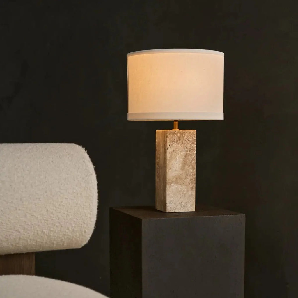 Travertine Table Lamp With Fabric Shade And Timeless Design