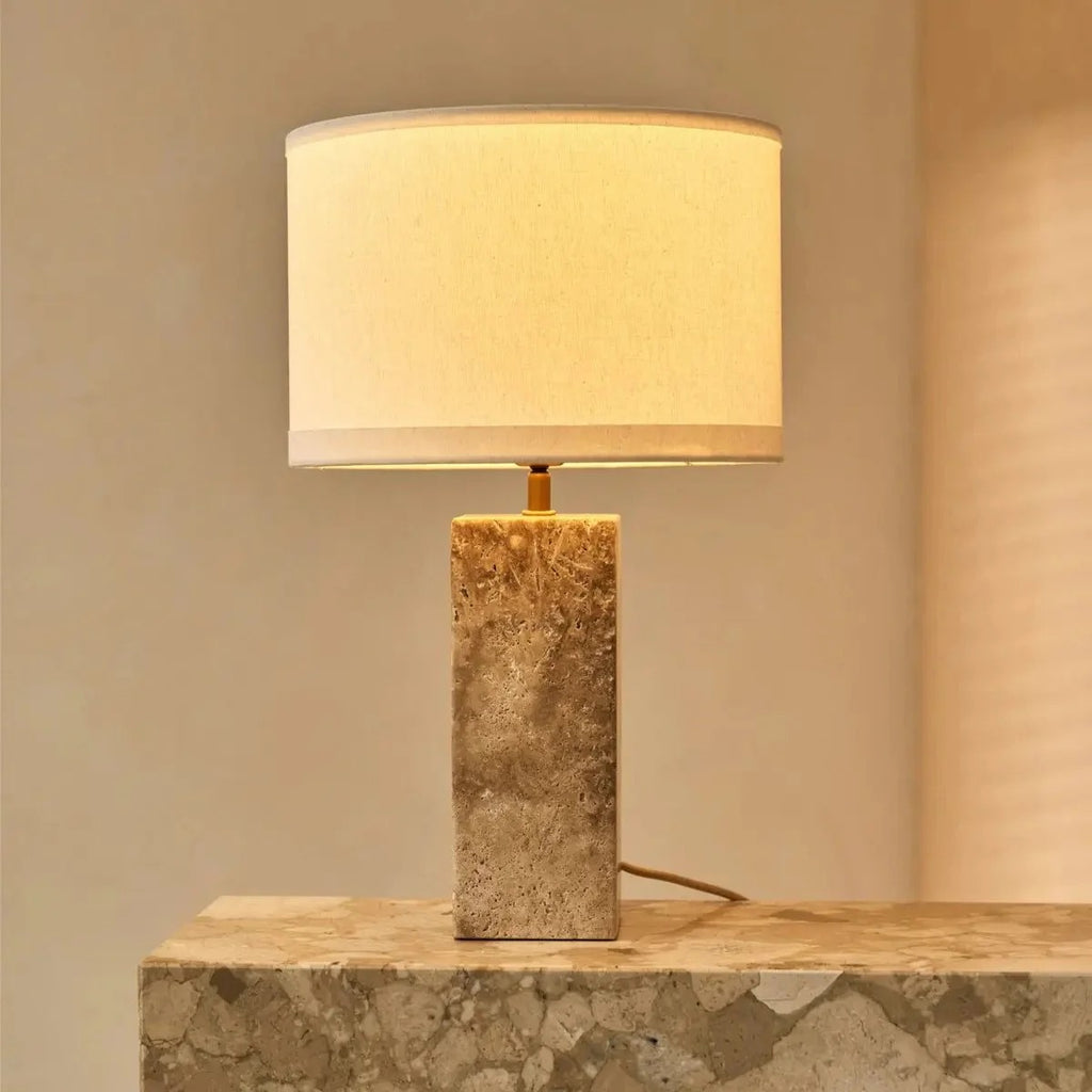 Travertine Table Lamp With Fabric Shade And Timeless Design
