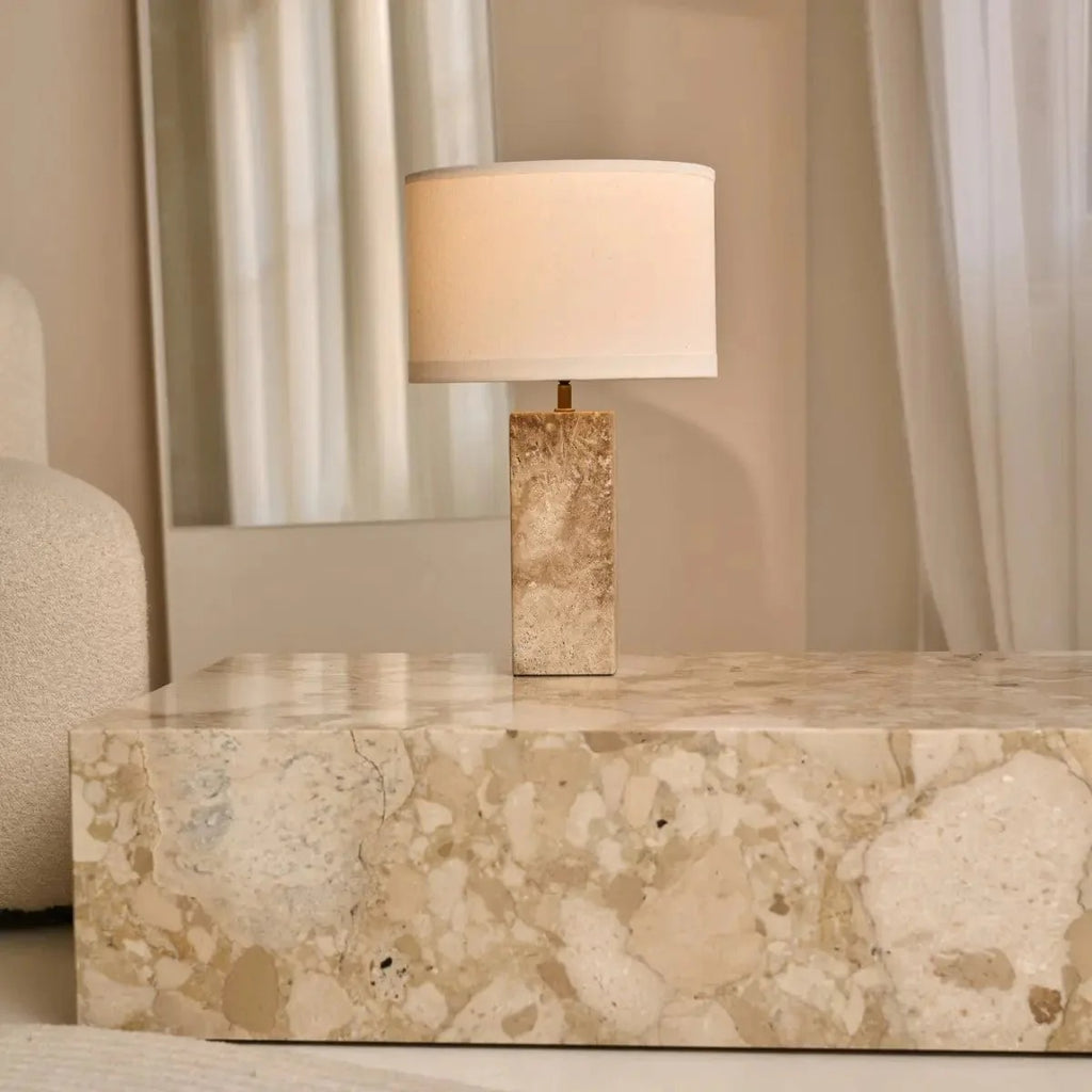 Travertine Table Lamp With Fabric Shade And Timeless Design
