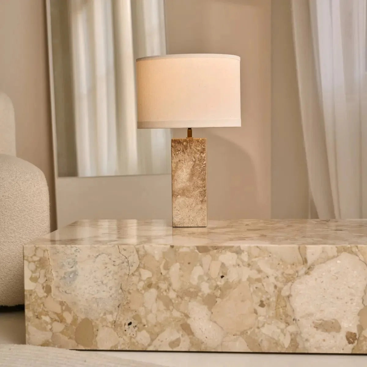 Travertine Table Lamp With Fabric Shade And Timeless Design