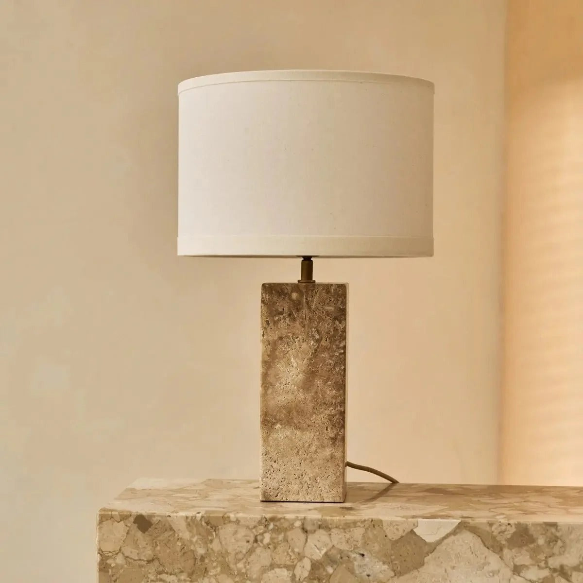 Travertine Table Lamp With Fabric Shade And Timeless Design