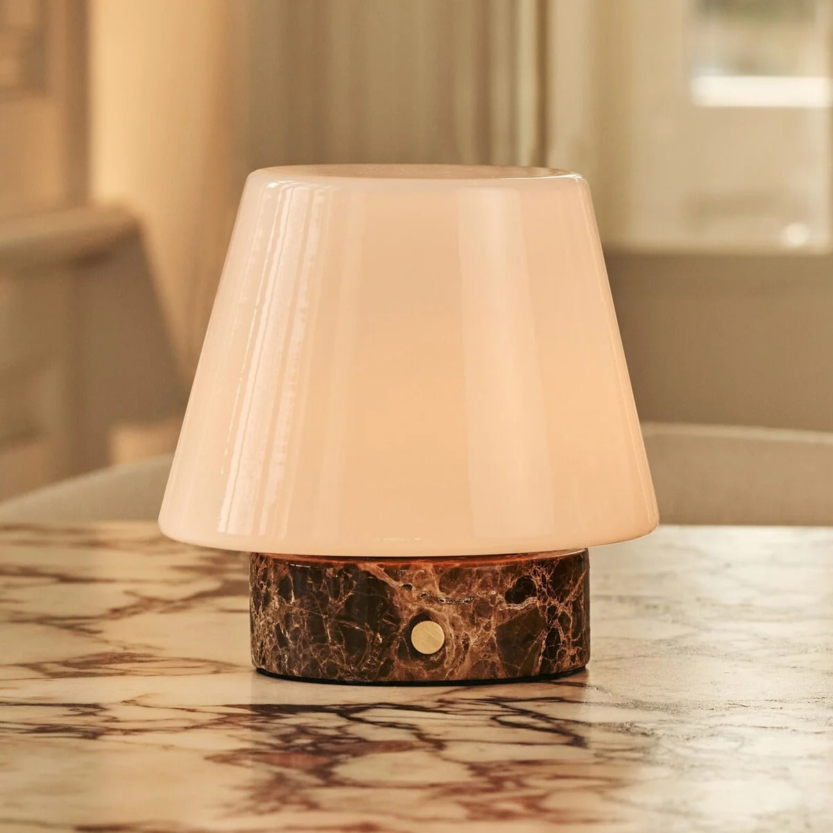 Travertine Table Lamp With Rechargeable LED And Interchangeable Shade