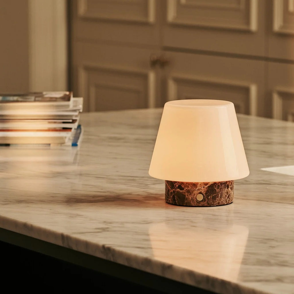 Travertine Table Lamp With Rechargeable LED And Interchangeable Shade