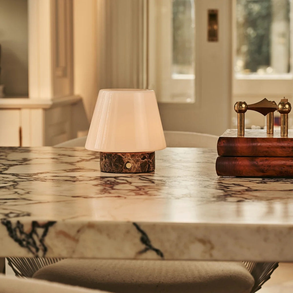 Travertine Table Lamp With Rechargeable LED And Interchangeable Shade