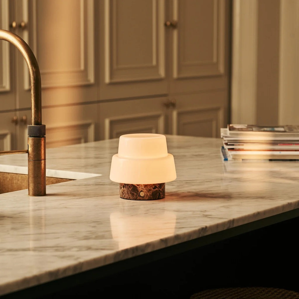 Travertine Table Lamp With Rechargeable LED And Interchangeable Shade
