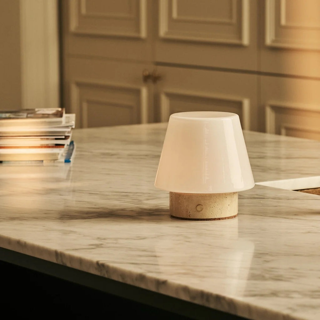 Travertine Table Lamp With Rechargeable LED And Glass Shade