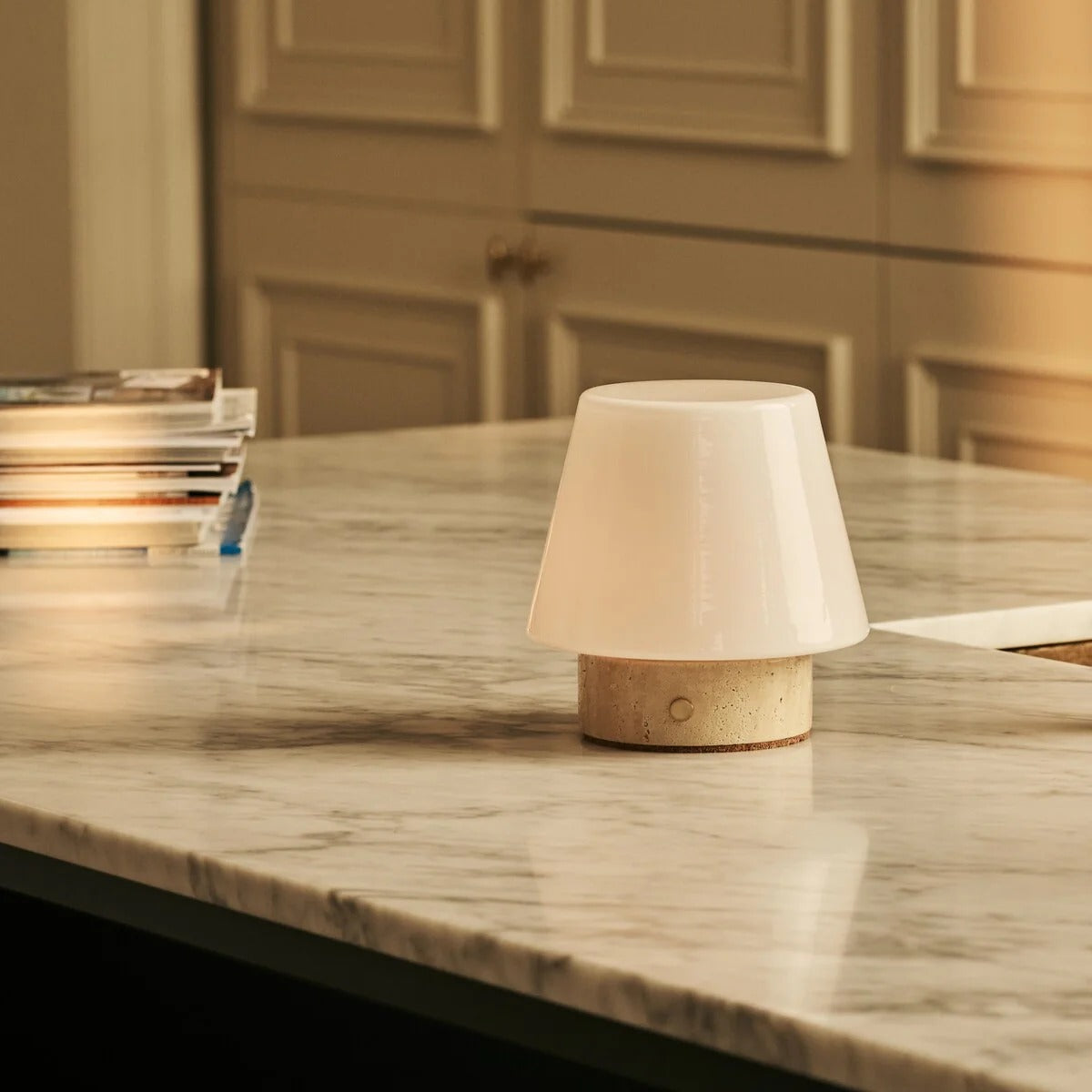 Travertine Table Lamp With Rechargeable LED And Glass Shade
