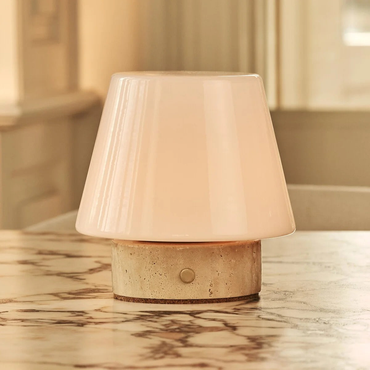 Travertine Table Lamp With Rechargeable LED And Glass Shade