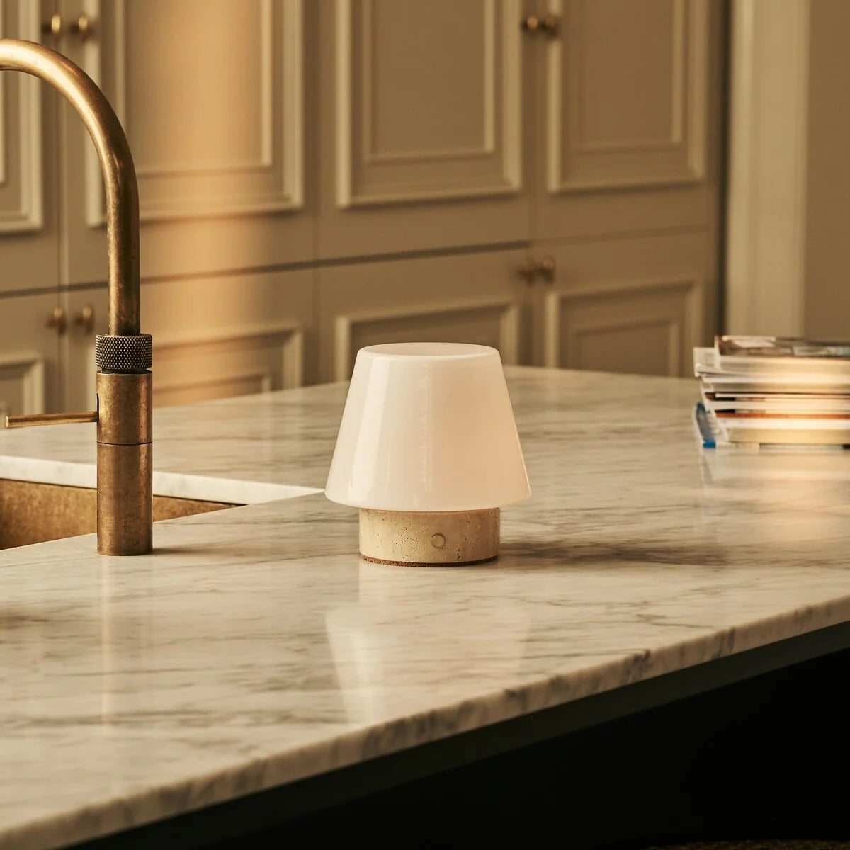 Travertine Table Lamp With Rechargeable LED And Glass Shade