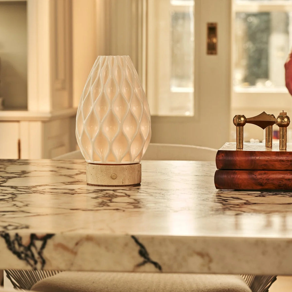 Travertine Wireless Table Lamp With 3D Printed Porcelain And LED