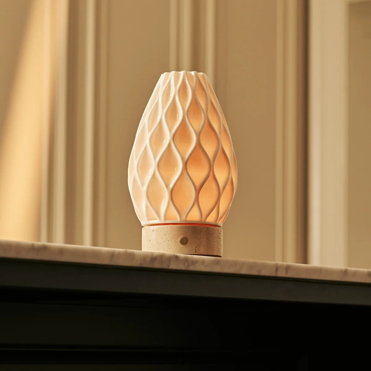 Travertine Wireless Table Lamp With 3D Printed Porcelain And LED