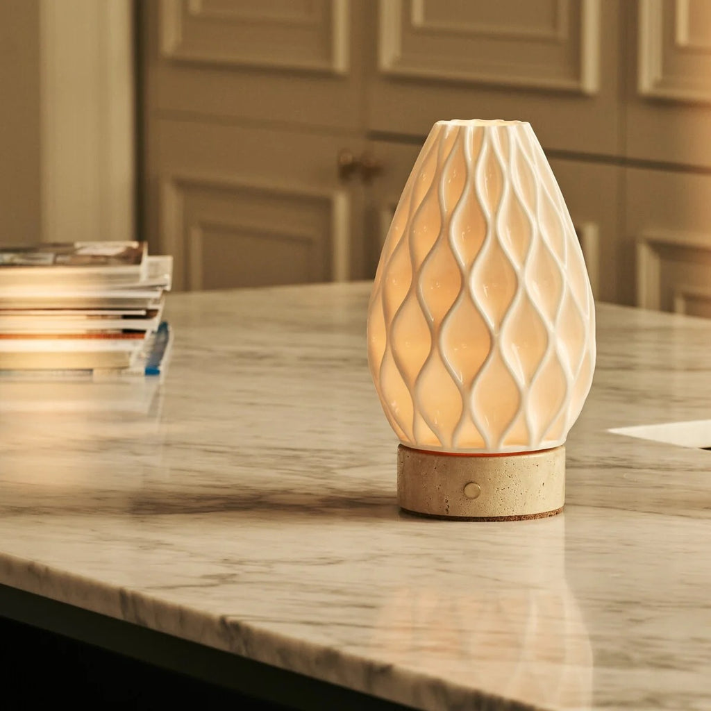 Travertine Wireless Table Lamp With 3D Printed Porcelain And LED