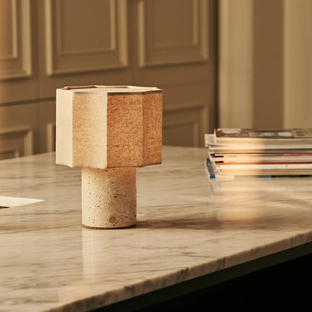 Travertino Classico Table Lamp With Linen Blend Shade And Rechargeable LED