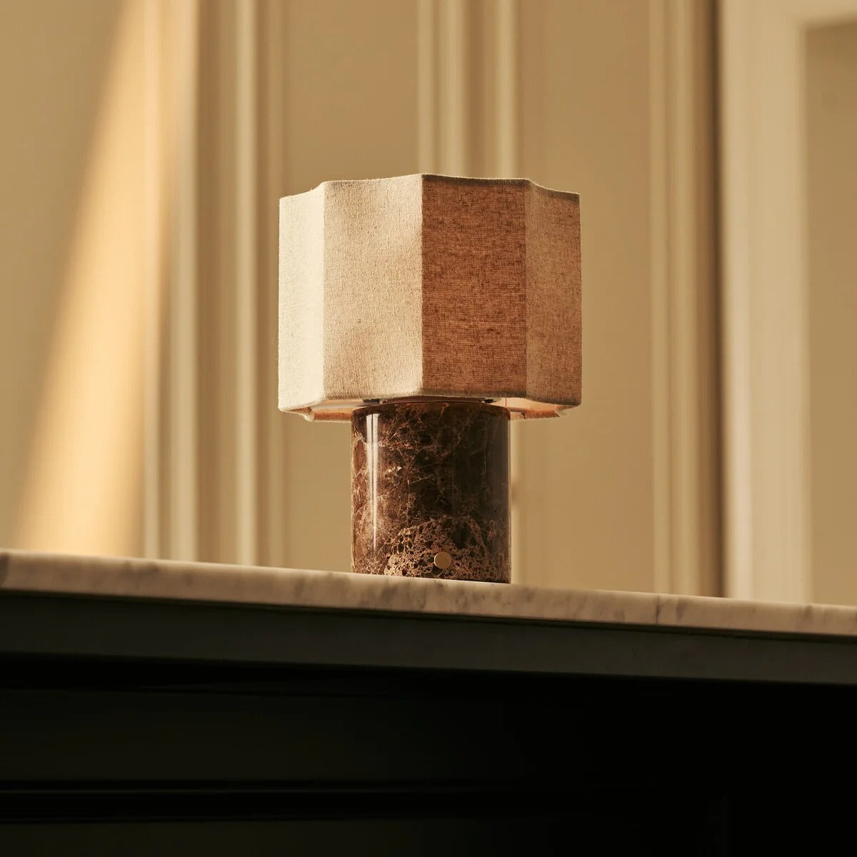 Travertino Classico Table Lamp With Linen Blend Shade And Rechargeable LED