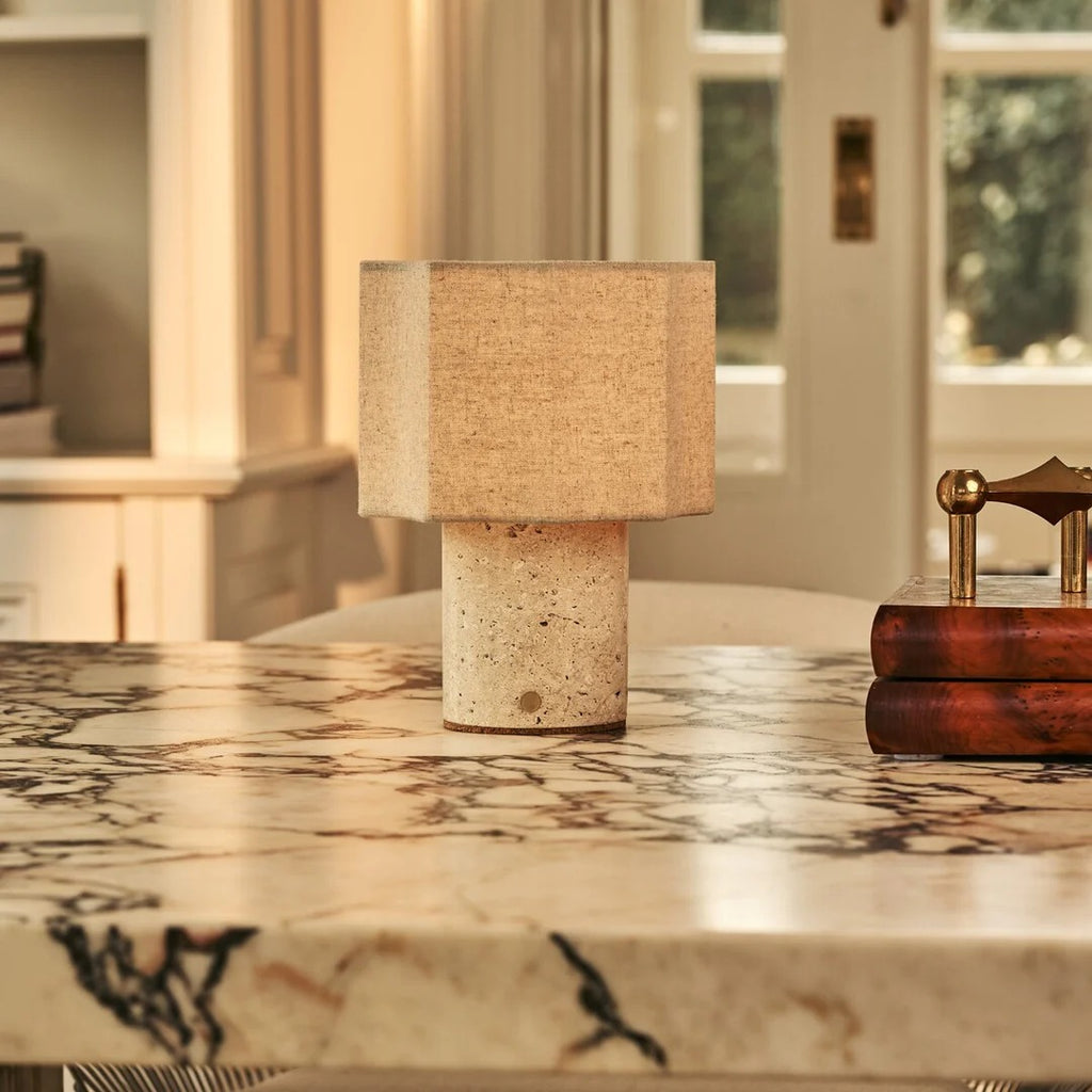 Travertino Classico Table Lamp With Linen Blend Shade And Rechargeable LED