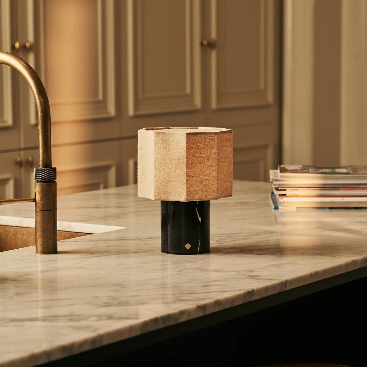 Travertino Classico Table Lamp With Linen Blend Shade And Rechargeable LED