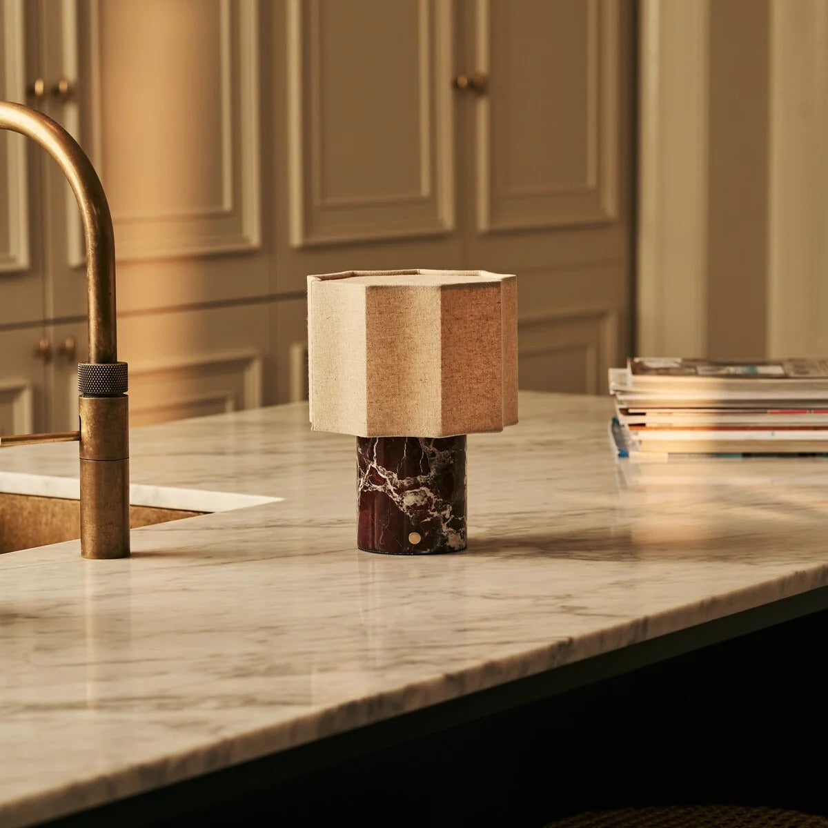 Travertino Classico Table Lamp With Linen Blend Shade And Rechargeable LED