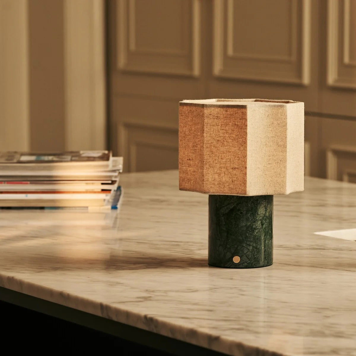 Travertino Classico Table Lamp With Linen Blend Shade And Rechargeable LED