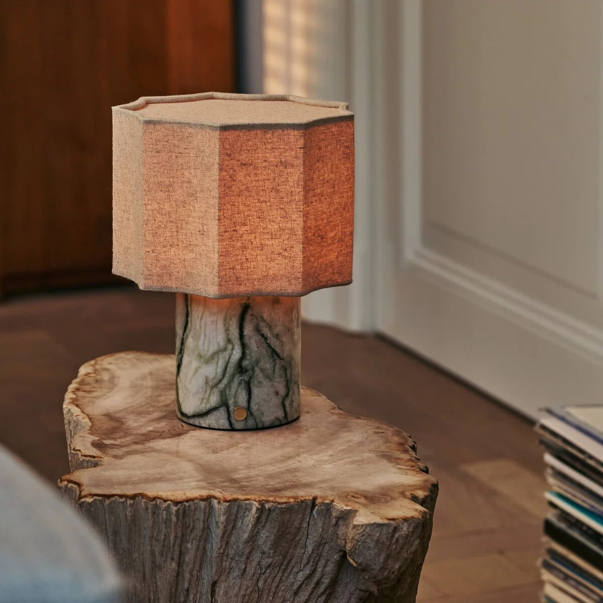 Travertino Classico Table Lamp With Linen Blend Shade And Rechargeable LED
