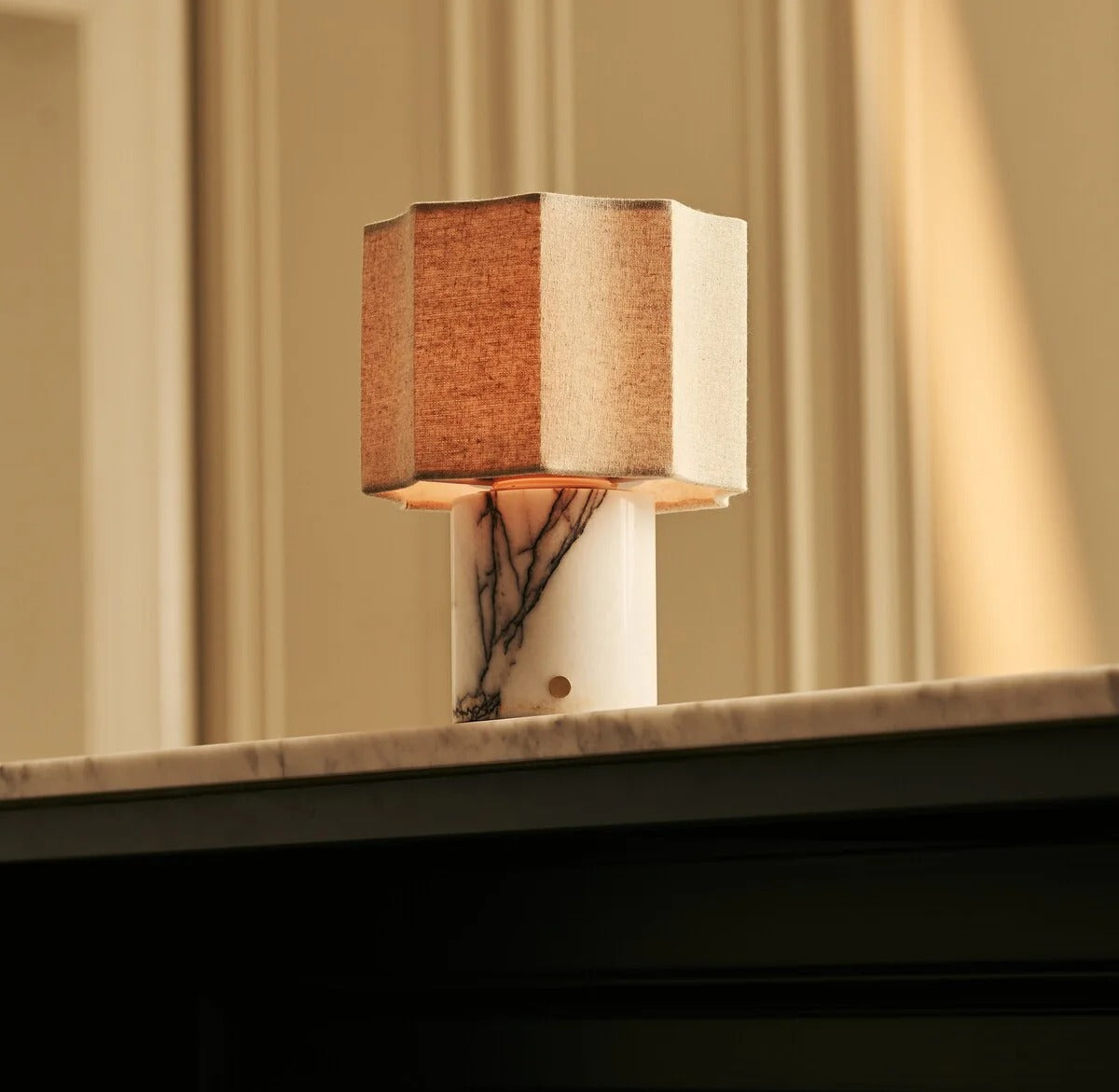 Travertino Classico Table Lamp With Linen Blend Shade And Rechargeable LED