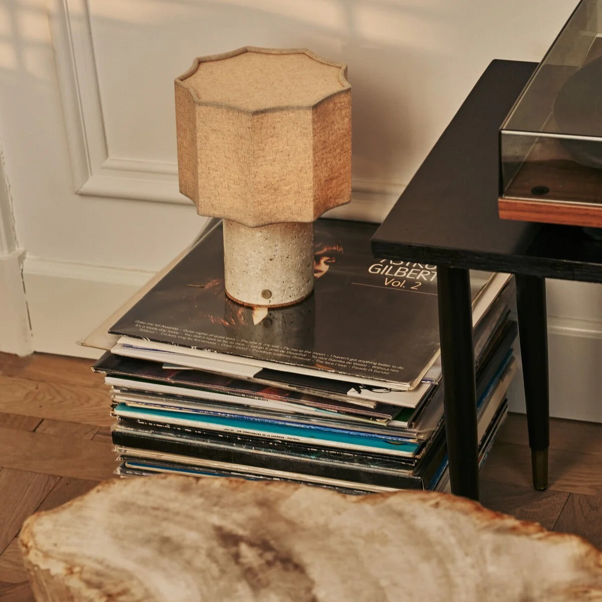 Travertino Classico Table Lamp With Linen Blend Shade And Rechargeable LED