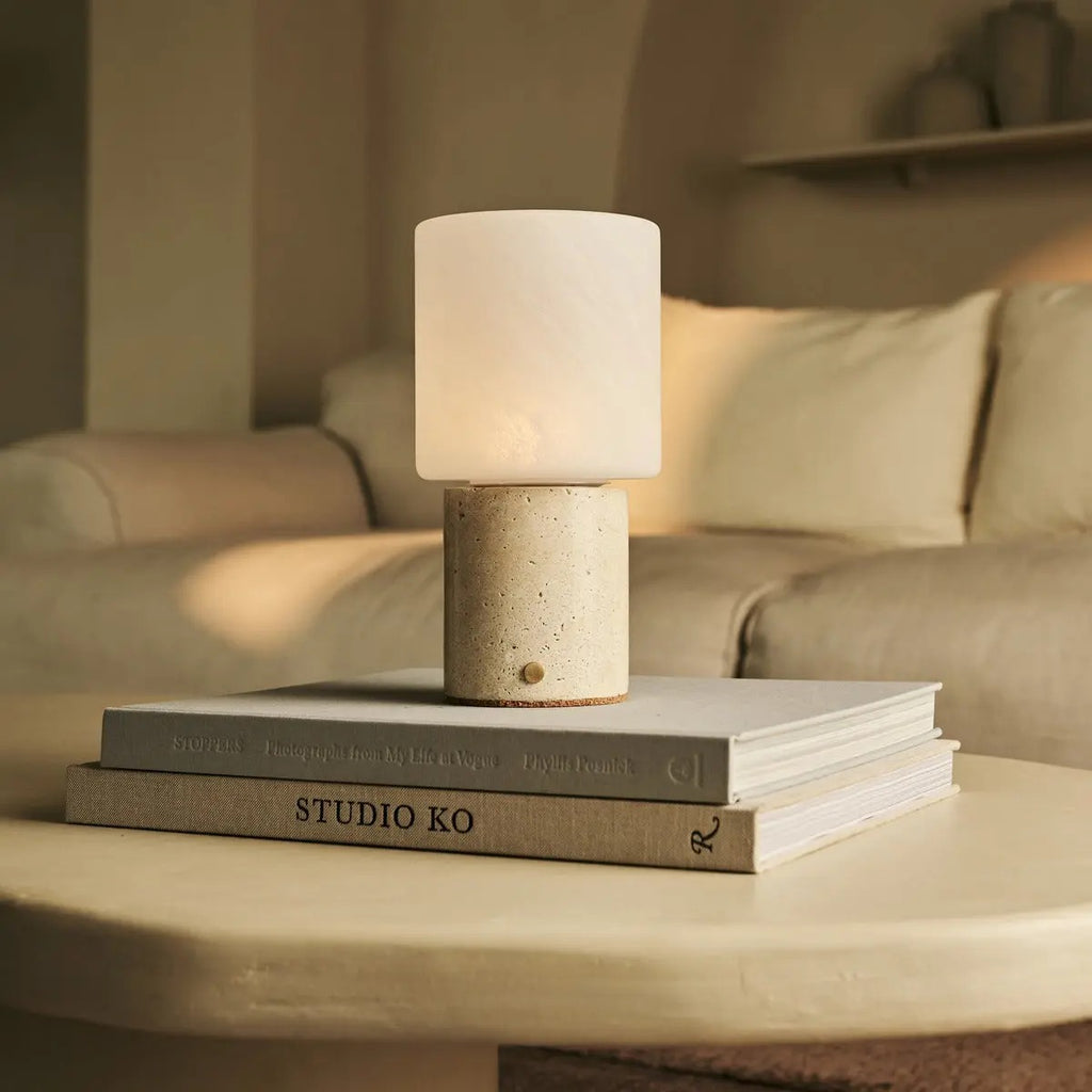 Travertino Classico Table Lamp With Rechargeable LED And Glass Shade