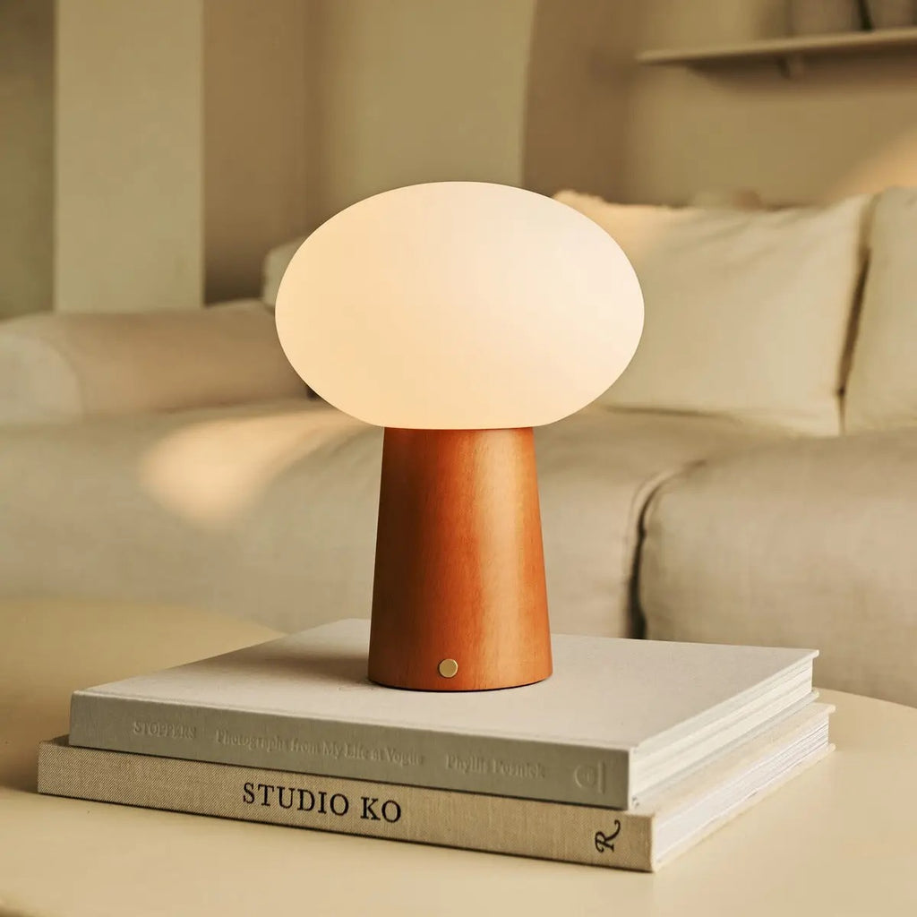 Wireless Wooden Table Lamp With Frosted Glass Shade And Dimmable LED