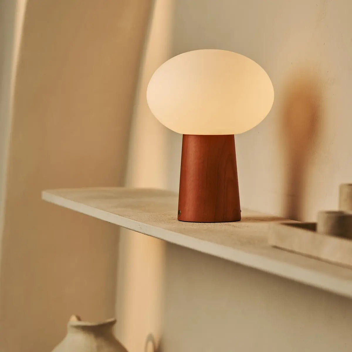 Wireless Wooden Table Lamp With Frosted Glass Shade And Dimmable LED