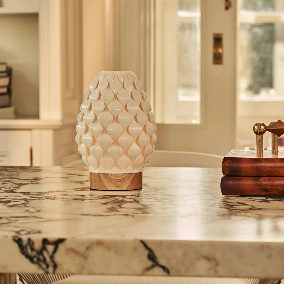 Wood Table Lamp With Ceramic Shade And Rechargeable LED