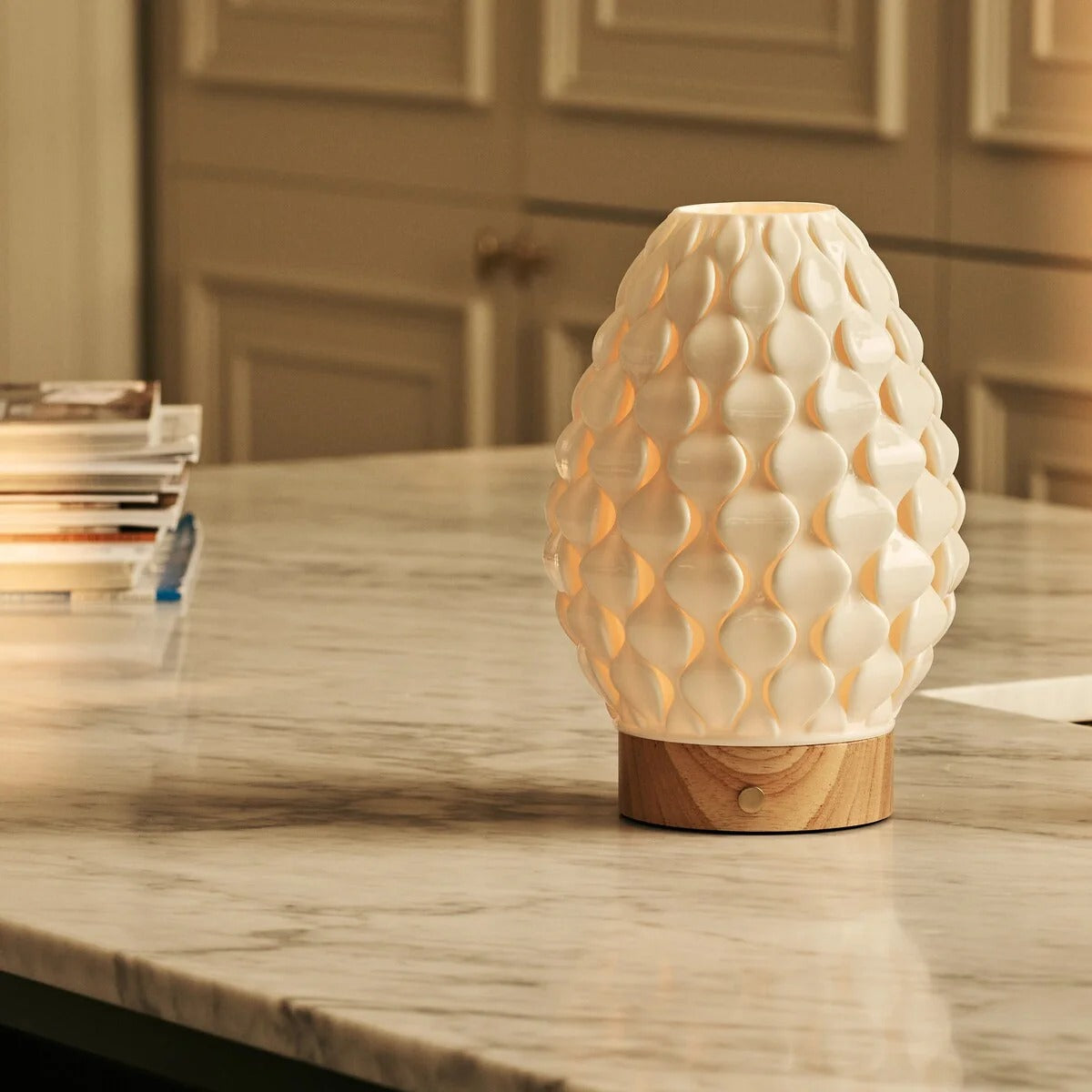 Wood Table Lamp With Ceramic Shade And Rechargeable LED