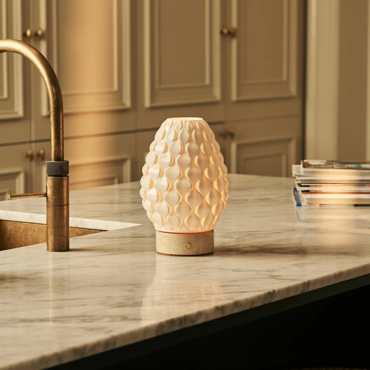 Wood Table Lamp With Ceramic Shade And Rechargeable LED