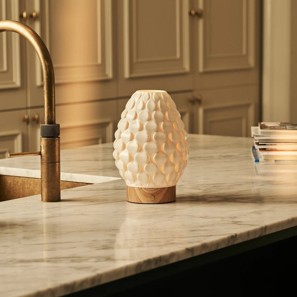 Wood Table Lamp With Ceramic Shade And Rechargeable LED