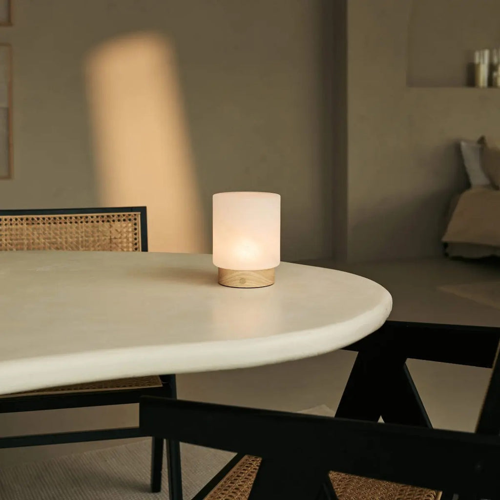 Wood Table Lamp With Cordless LED And Glass Shade