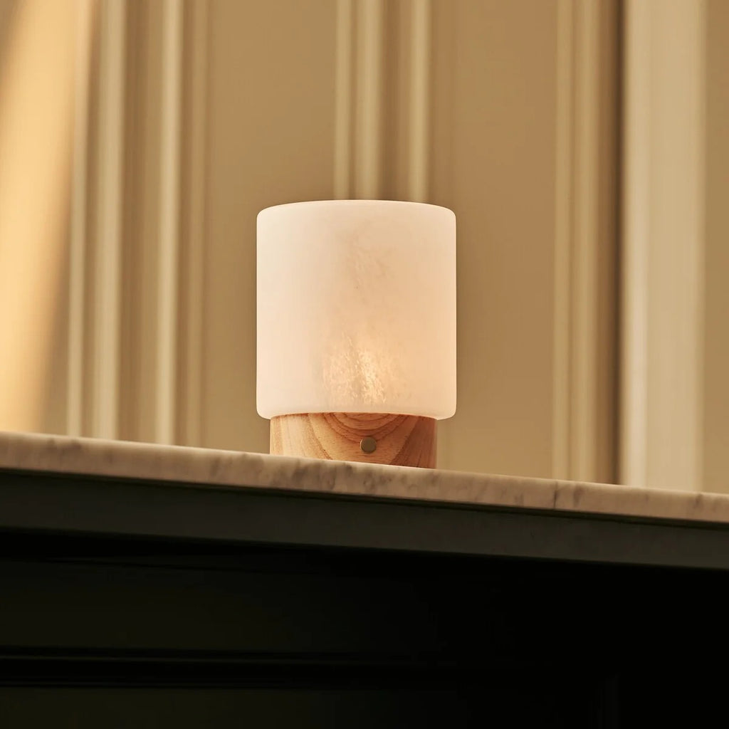 Wood Table Lamp With Cordless LED And Glass Shade
