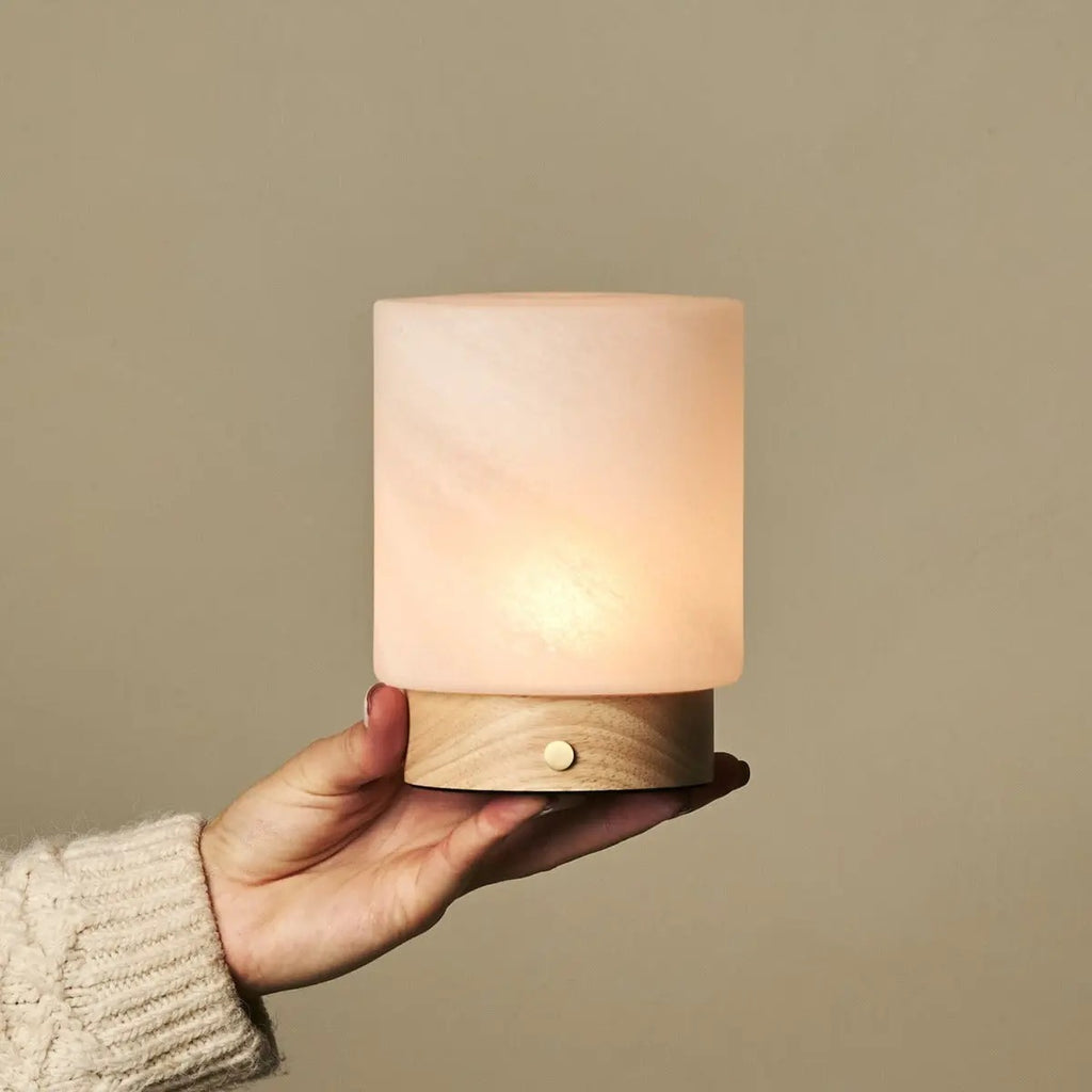 Wood Table Lamp With Cordless LED And Glass Shade