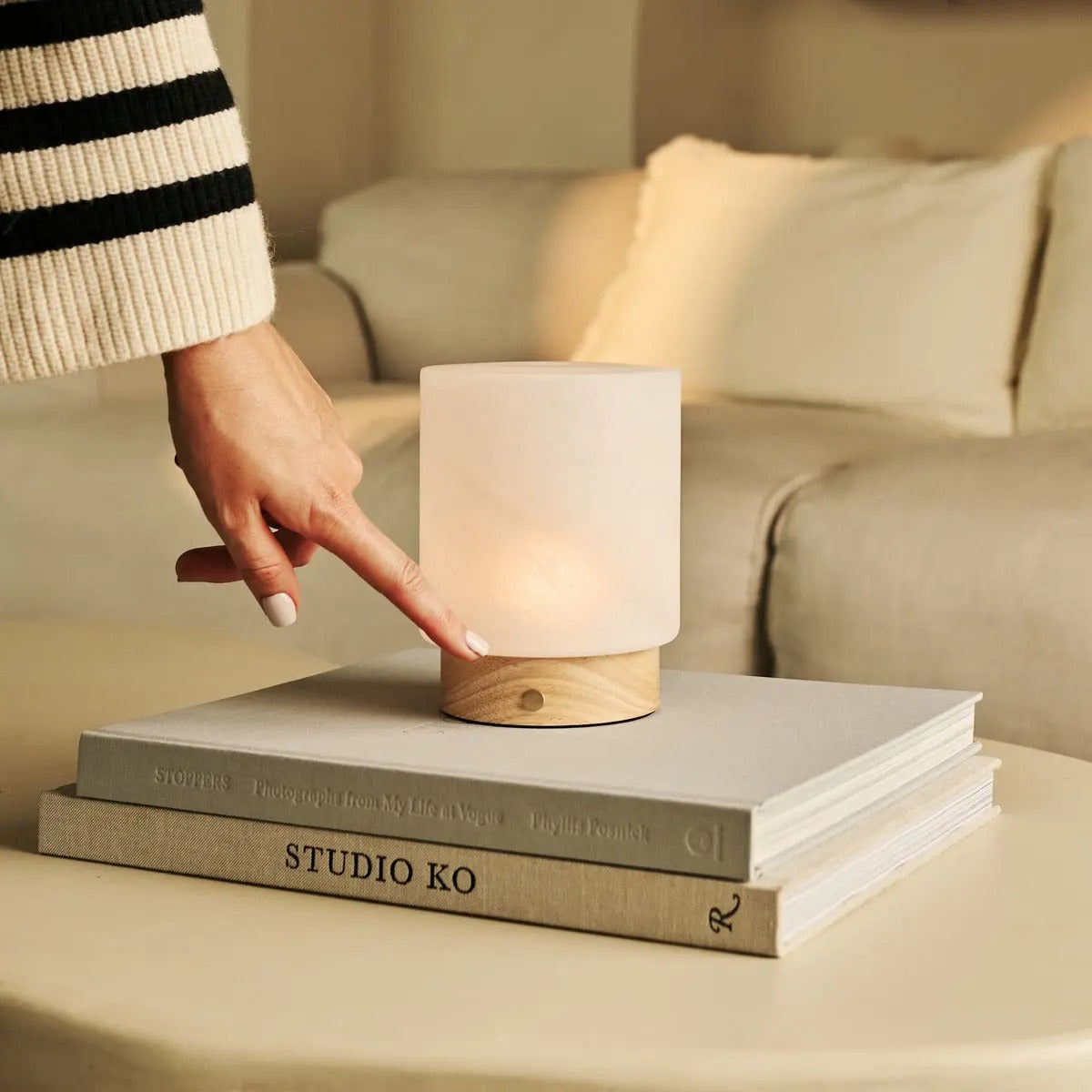 Wood Table Lamp With Cordless LED And Glass Shade