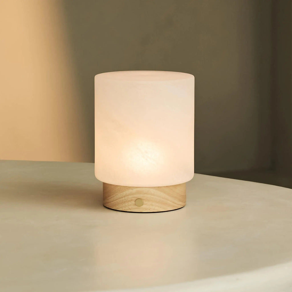 Wood Table Lamp With Cordless LED And Glass Shade