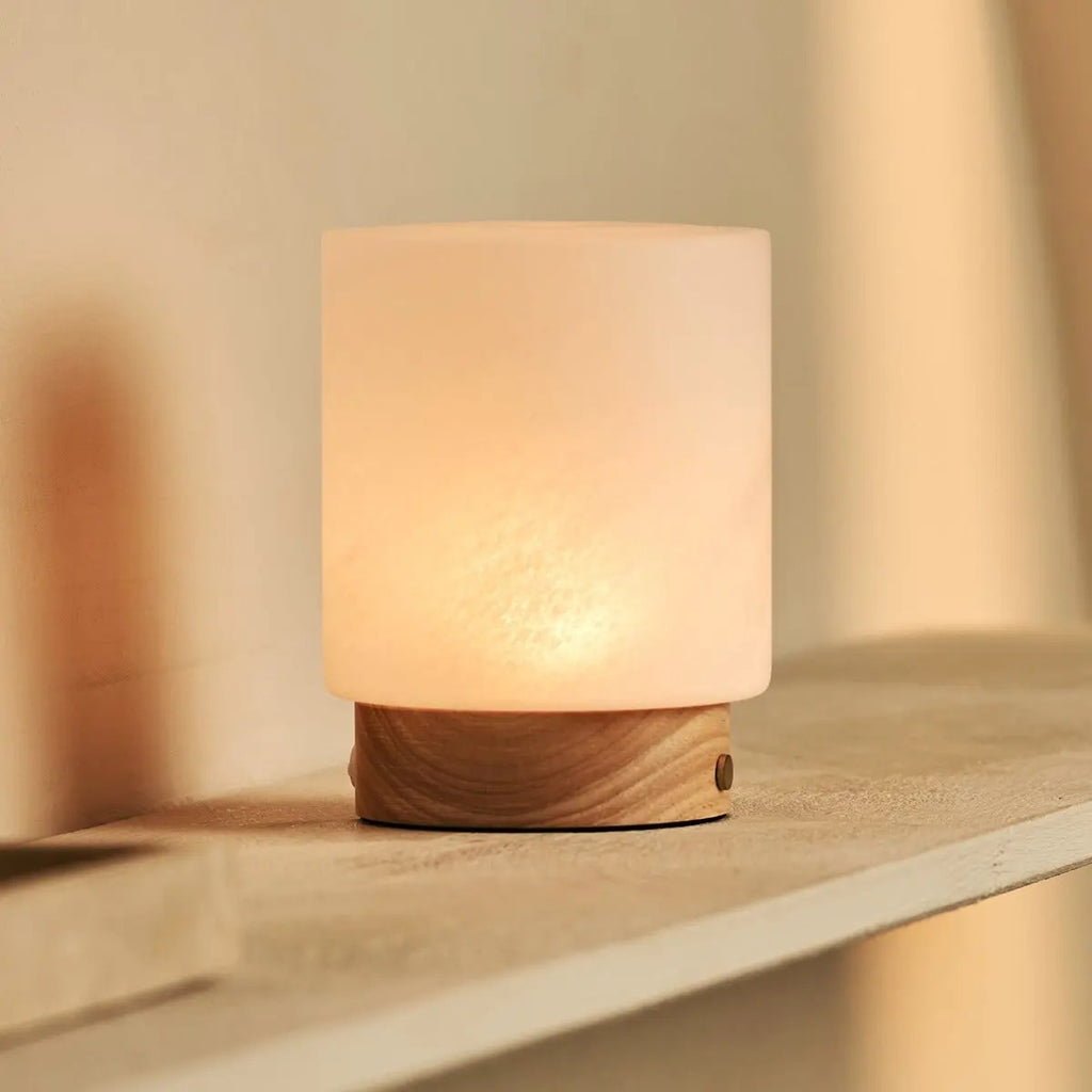 Wood Table Lamp With Cordless LED And Glass Shade