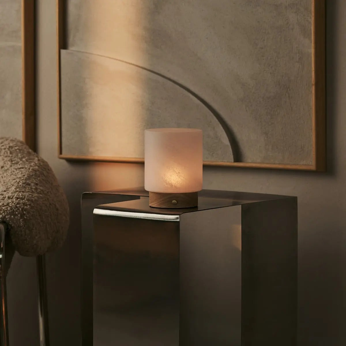 Wood Table Lamp With Cordless LED And Glass Shade