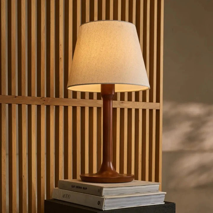 Wood Table Lamp With Fabric Lampshade And Cord Operated Switch