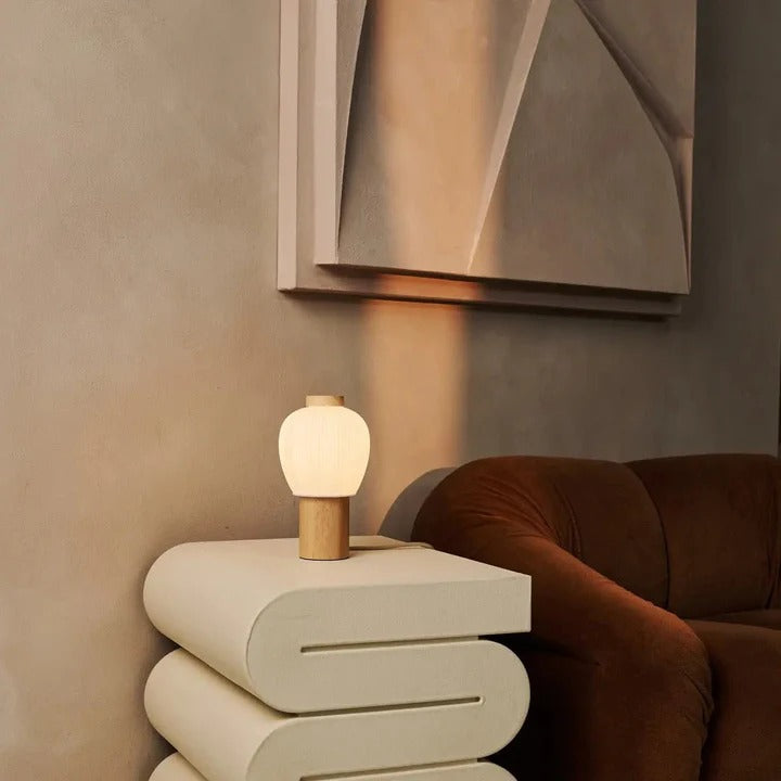 Wood Table Lamp With Frosted Glass And Corded Power