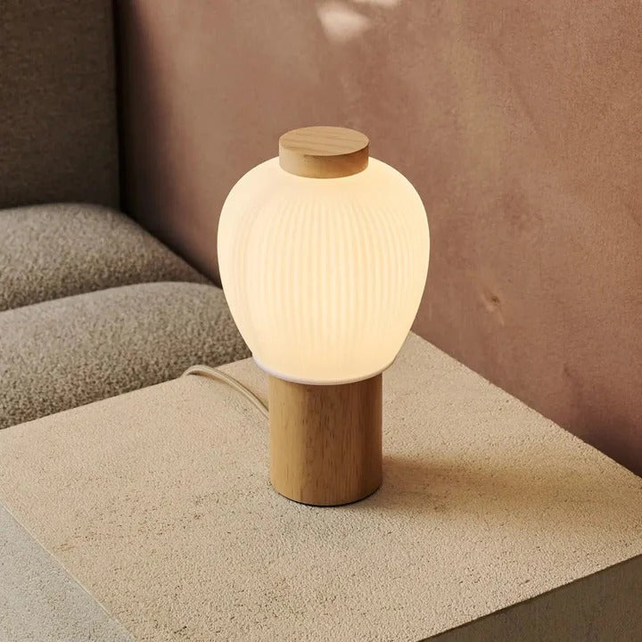 Wood Table Lamp With Frosted Glass And Corded Power