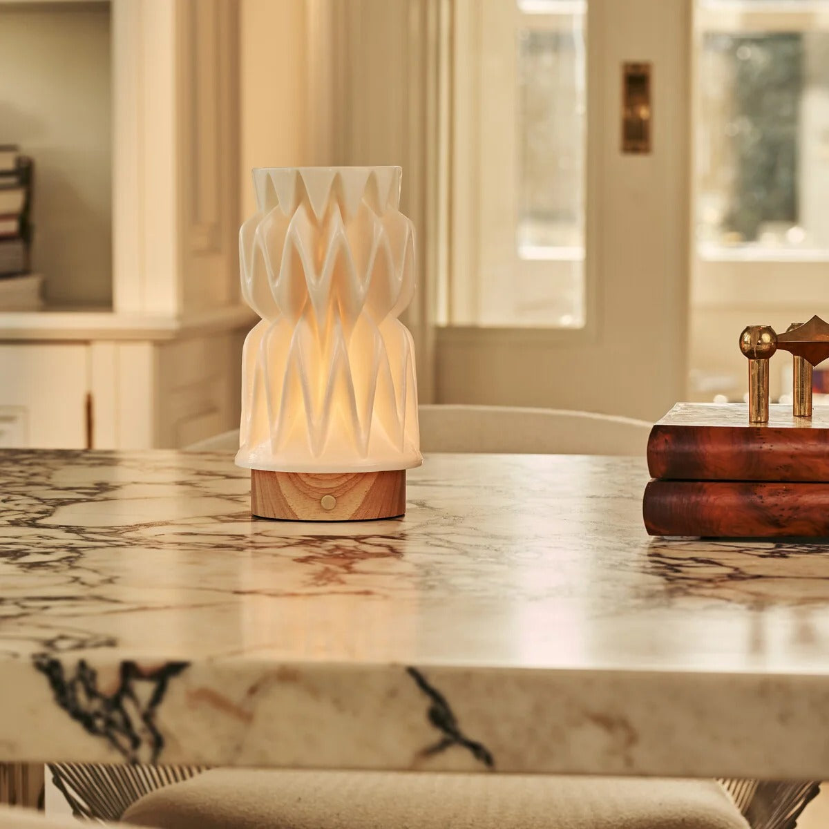 Wood Table Lamp With Modular Porcelain Shade And Dimmable LED